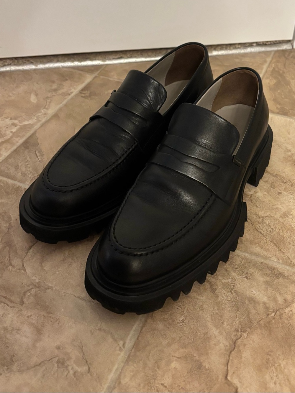 AllSaints Black Leather Lug-Sole Penny Loafers Womens Size 41